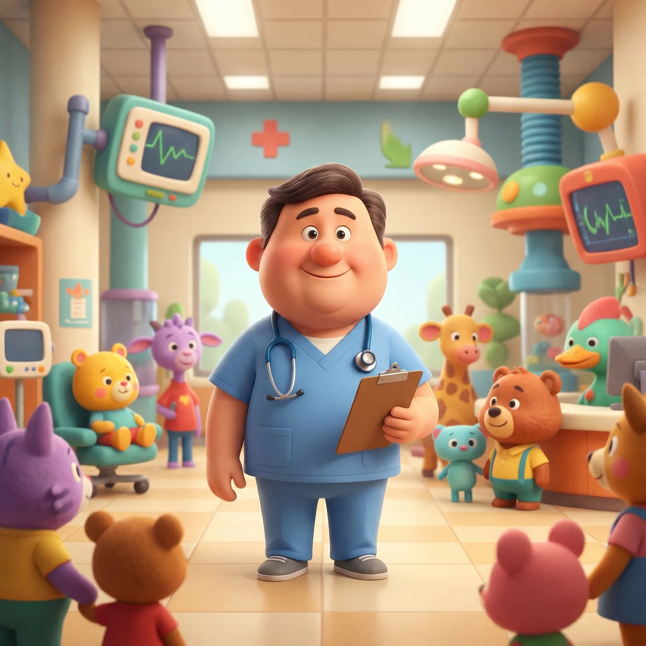 Stylized pediatric doctor scene used as a brand-world still