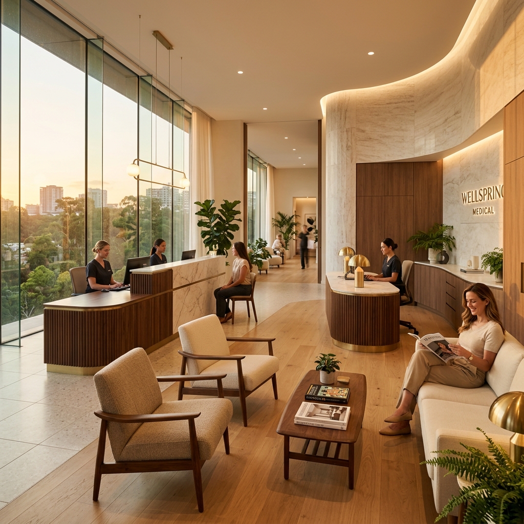 AI-generated luxury modern medical clinic interior with warm golden hour lighting