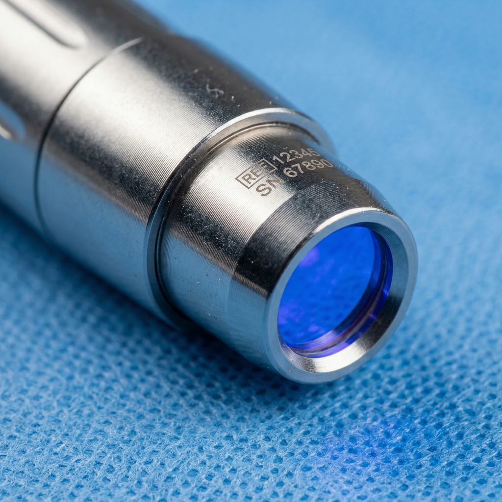 AI-generated macro close-up of a precision medical instrument with blue lens