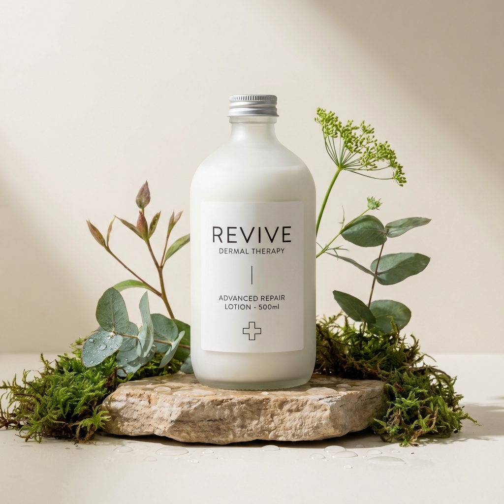 AI-generated editorial product photography for Revive Dermal Therapy with botanical styling