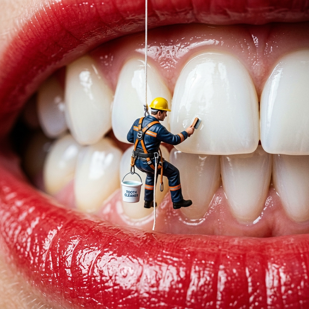 AI-generated creative dental cleaning concept with miniature worker