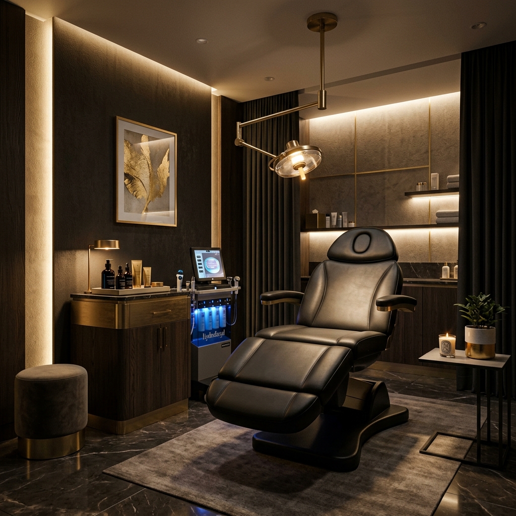 AI-generated premium aesthetic treatment room with moody lighting