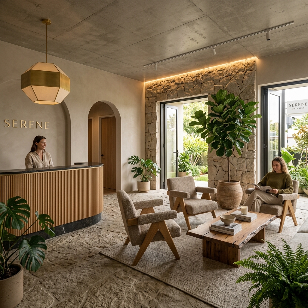 AI-generated modern wellness studio lobby with natural elements