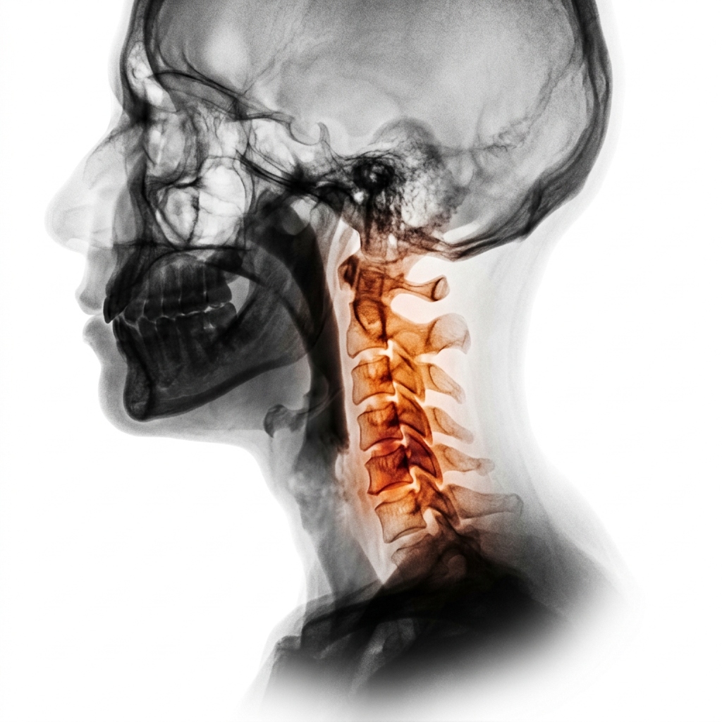 AI-generated cervical spine X-ray with highlighted vertebrae