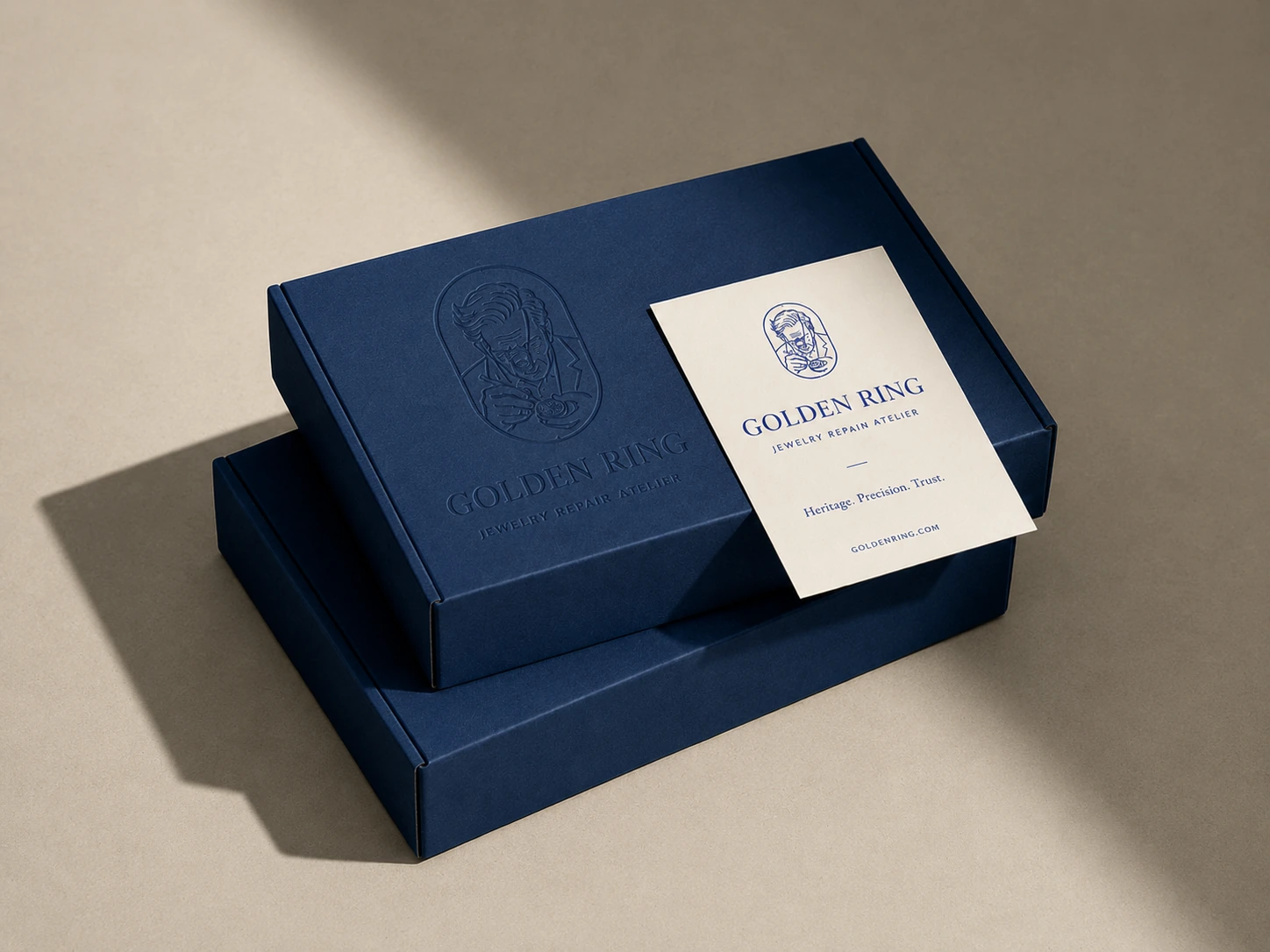 Golden Ring navy packaging boxes with appointment card