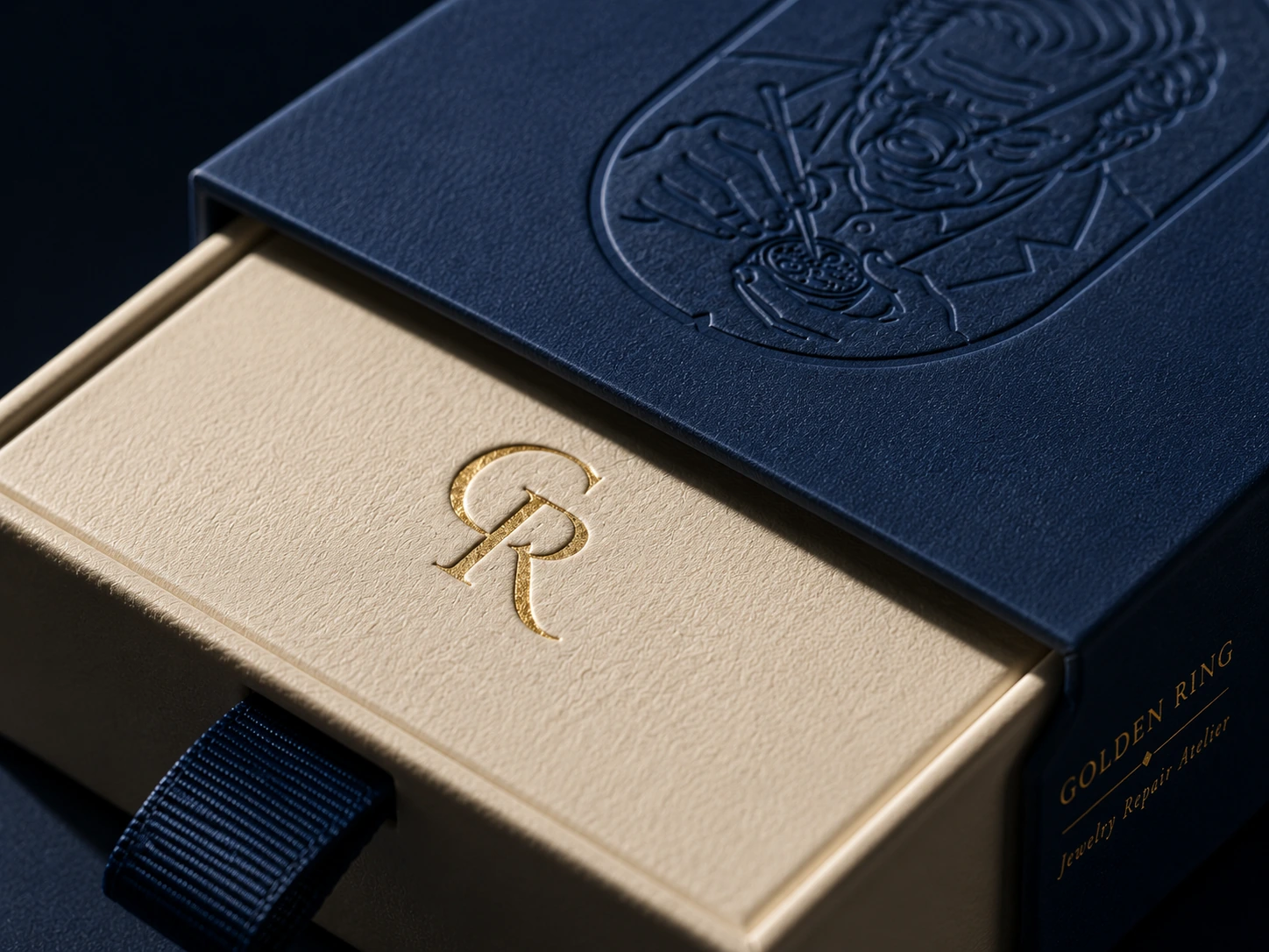Golden Ring packaging drawer with gold monogram detail