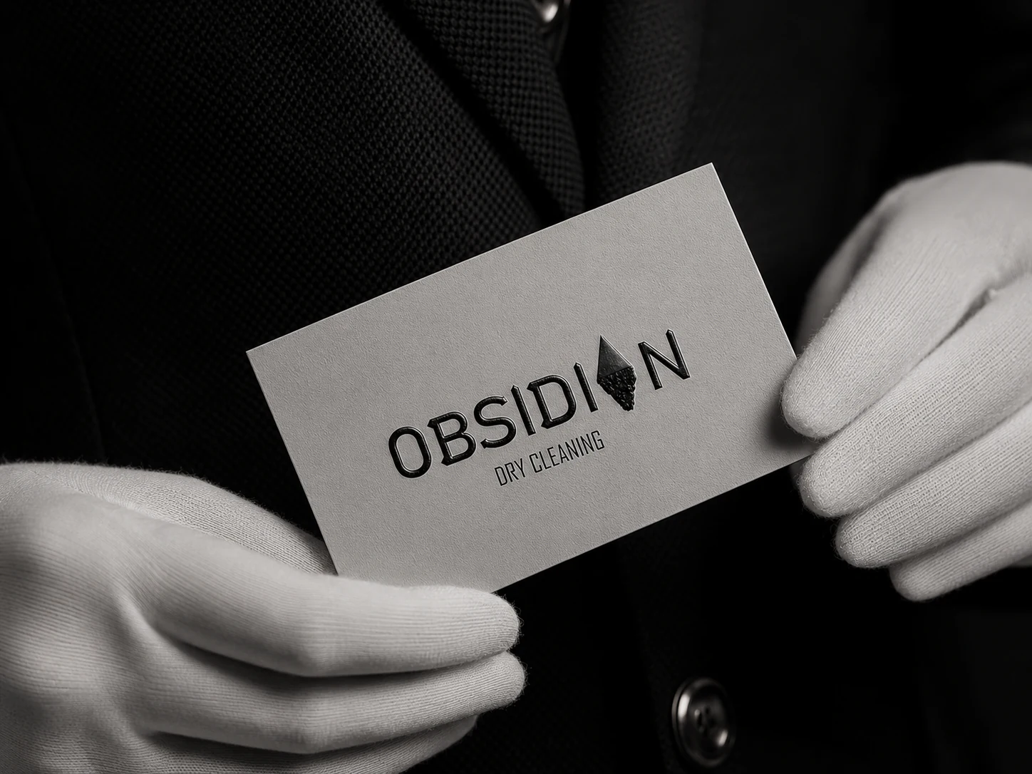 Obsidian embossed service card held with white gloves
